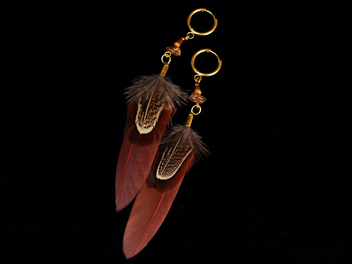 Lange Federohrringe in Braun & Gold – Gänsefeder, Wildfasan & Betelnuss – Bild 5
