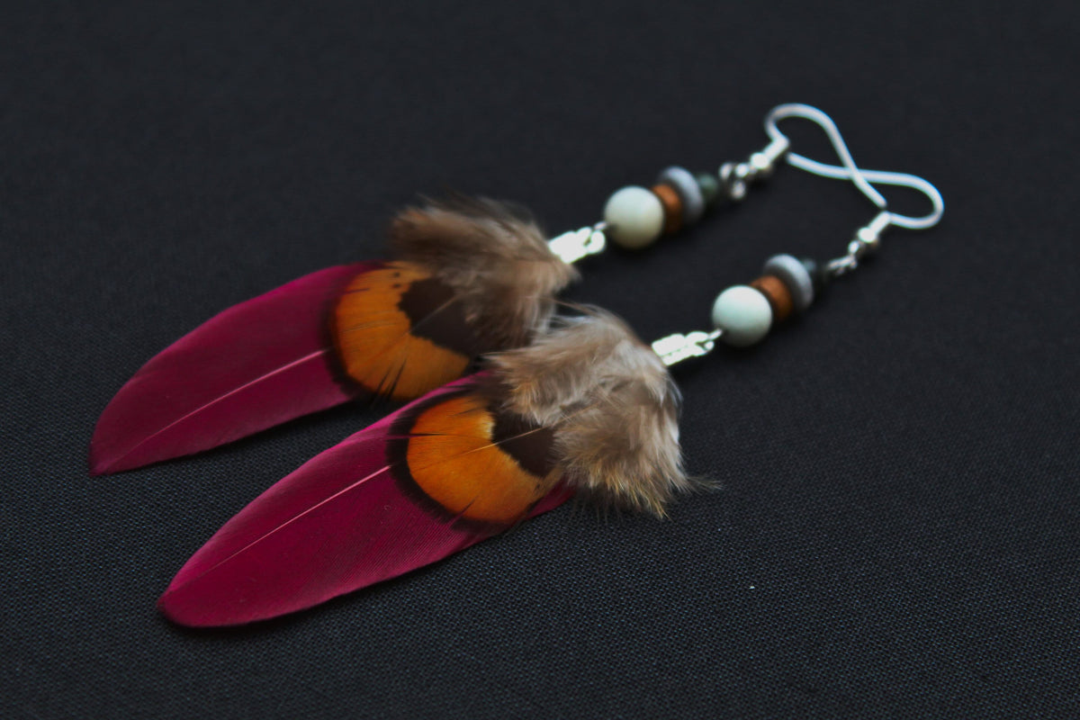 Magenta Double Feather Earrings with Pheasant Feather – Pink & Orange