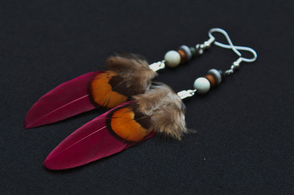 Magenta Double Feather Earrings with Pheasant Feather – Pink & Orange