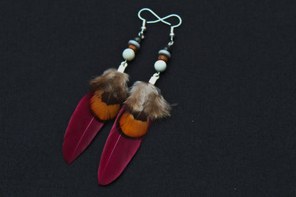 Magenta Double Feather Earrings with Pheasant Feather – Pink & Orange – view 2