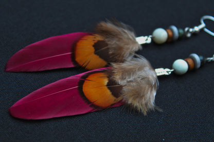 Magenta Double Feather Earrings with Pheasant Feather – Pink & Orange – view 4