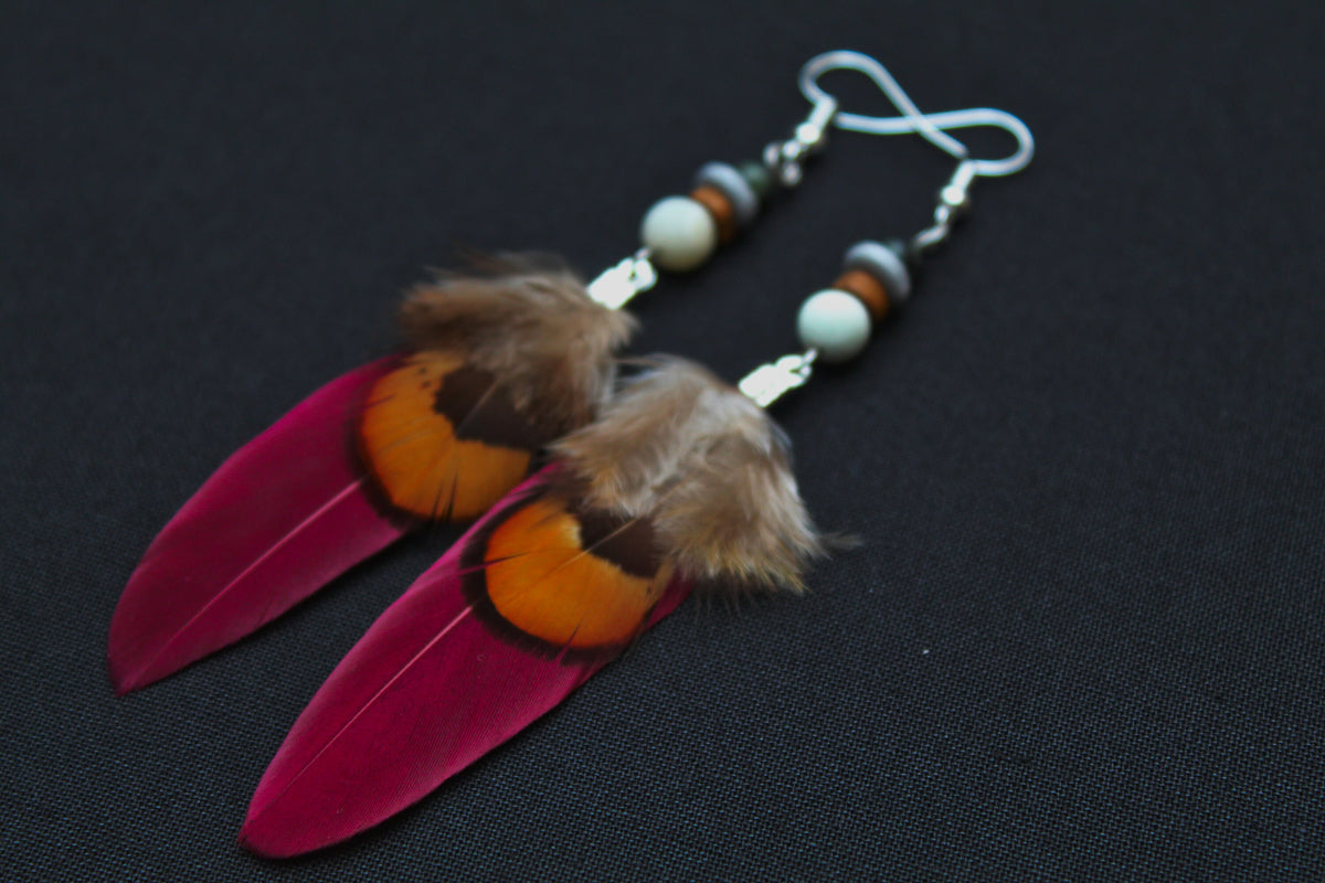 Magenta Double Feather Earrings with Pheasant Feather – Pink & Orange – view 5