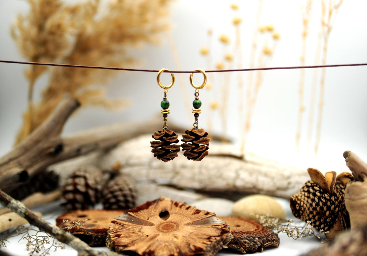 Sequoia Cone Earrings with African Turquoise – Light Nature Earrings, 6 cm