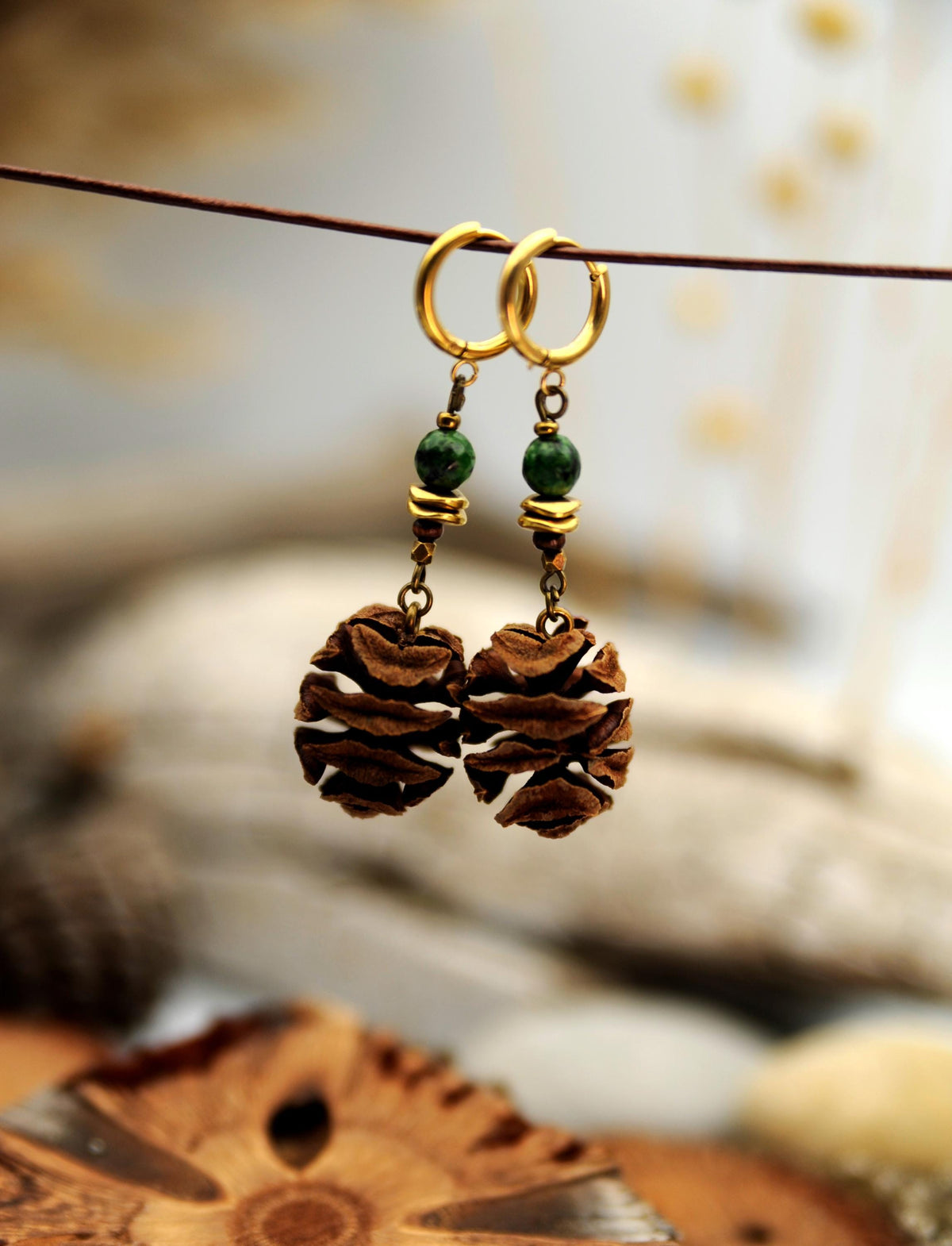 Sequoia Cone Earrings with African Turquoise – Light Nature Earrings, 6 cm – view 3