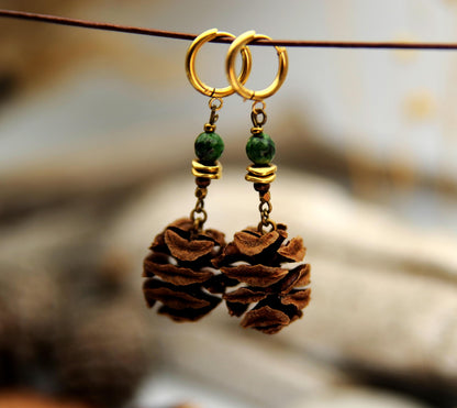 Sequoia Cone Earrings with African Turquoise – Light Nature Earrings, 6 cm – view 4