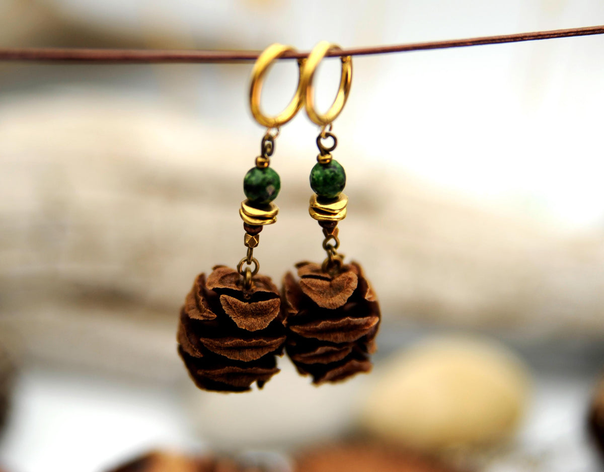 Sequoia Cone Earrings with African Turquoise – Light Nature Earrings, 6 cm – view 5