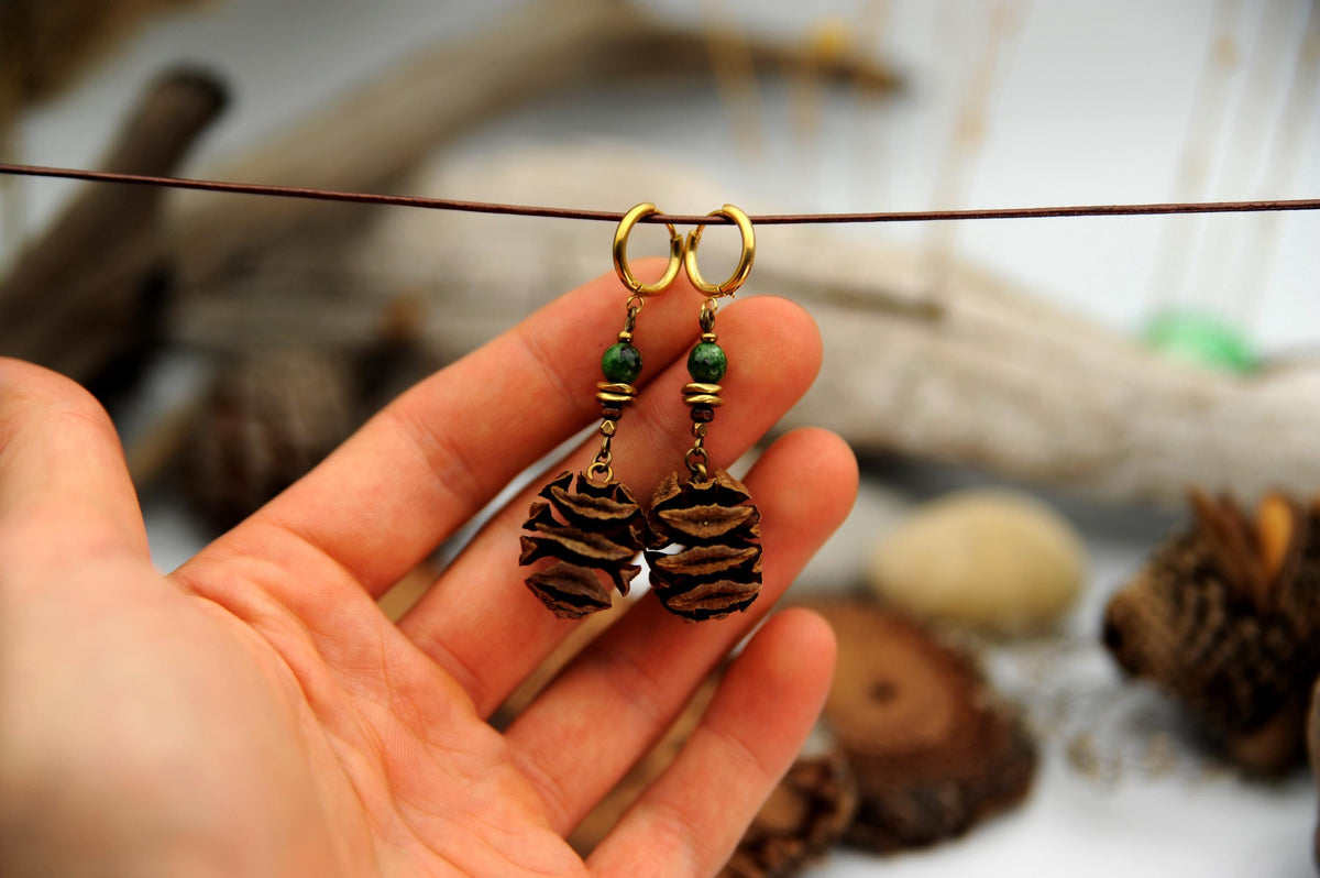 Sequoia Cone Earrings with African Turquoise – Light Nature Earrings, 6 cm – view 6