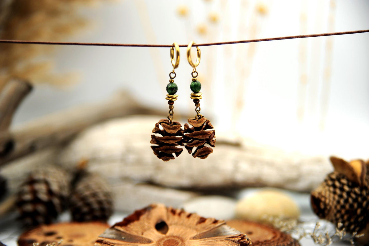 Sequoia Cone Earrings with African Turquoise – Light Nature Earrings, 6 cm – view 7