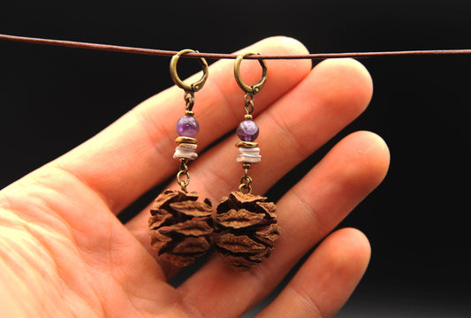 Sequoia Cone Earrings with Amethyst – Brown, Gold & Violet – view 2