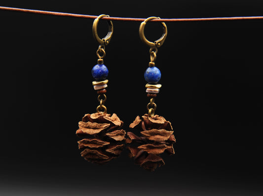 Sequoia Cone Earrings with Lapis Lazuli – Blue, Gold & Brown