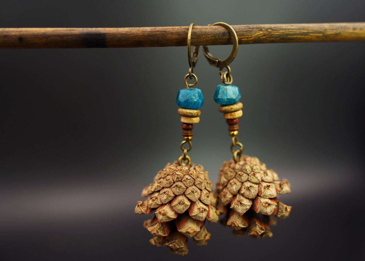 Mini Pine Cone Earrings with Apatite & Ceramic Discs