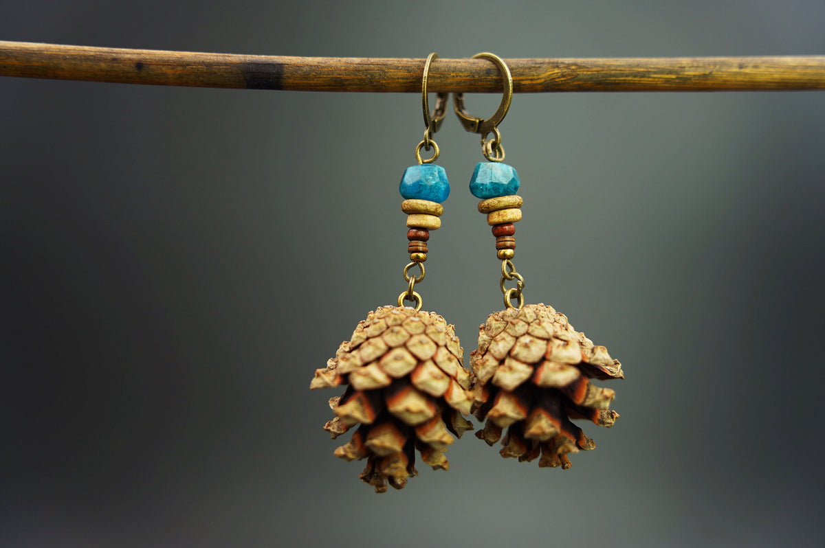 Mini Pine Cone Earrings with Apatite & Ceramic Discs – view 3