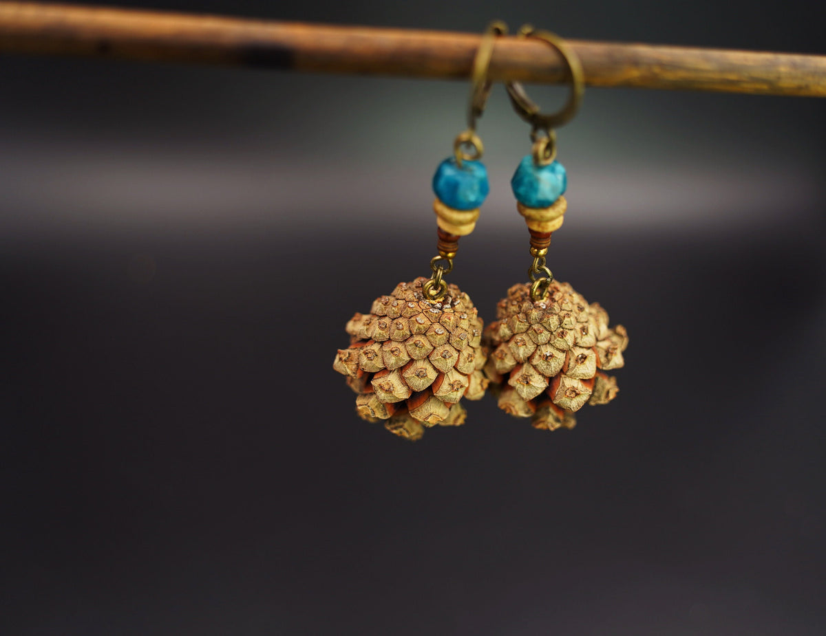 Mini Pine Cone Earrings with Apatite & Ceramic Discs – view 4