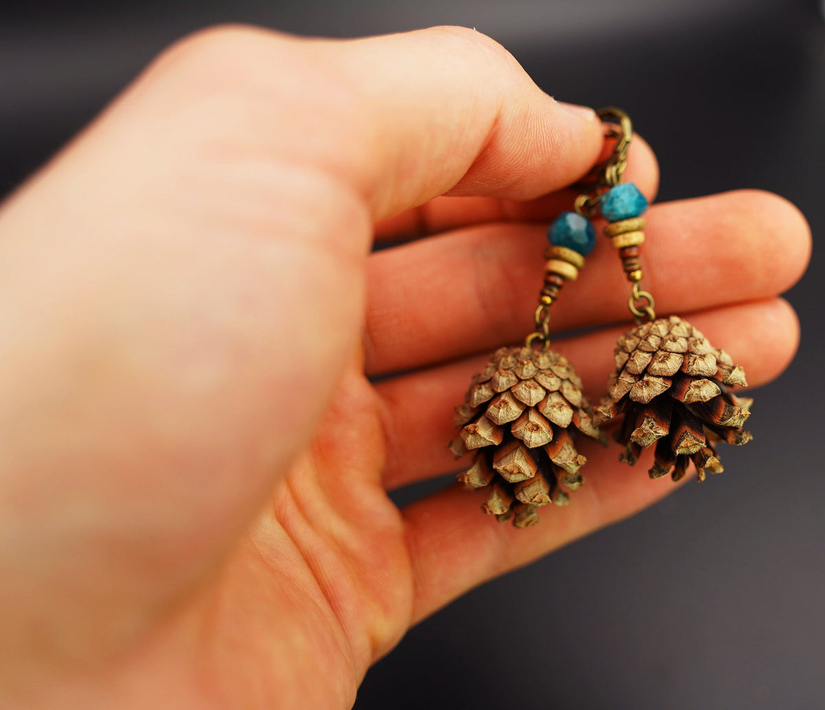 Mini Pine Cone Earrings with Apatite & Ceramic Discs – view 7