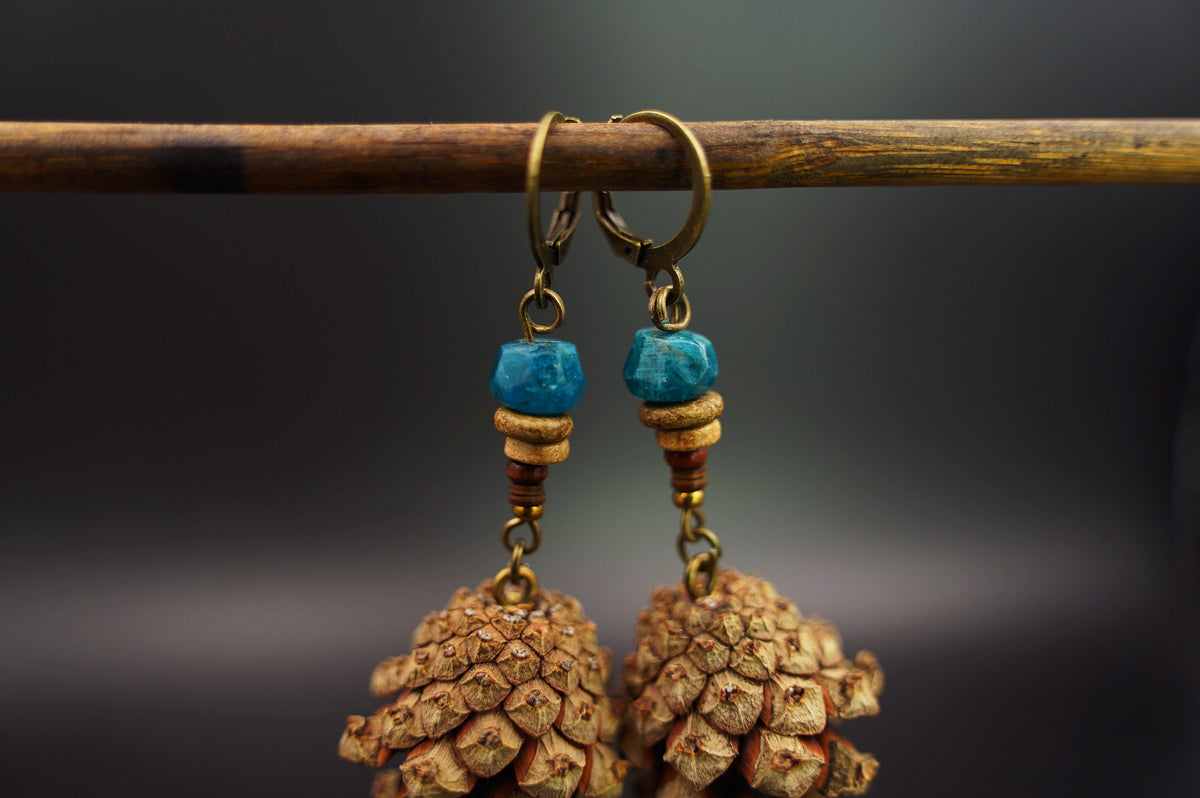 Mini Pine Cone Earrings with Apatite & Ceramic Discs – view 9