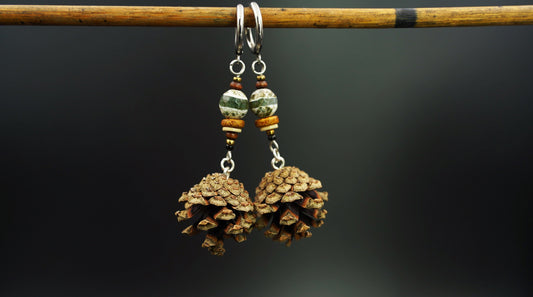 Mini Pine Cone Earrings with Dzi Beads & Ceramic Discs