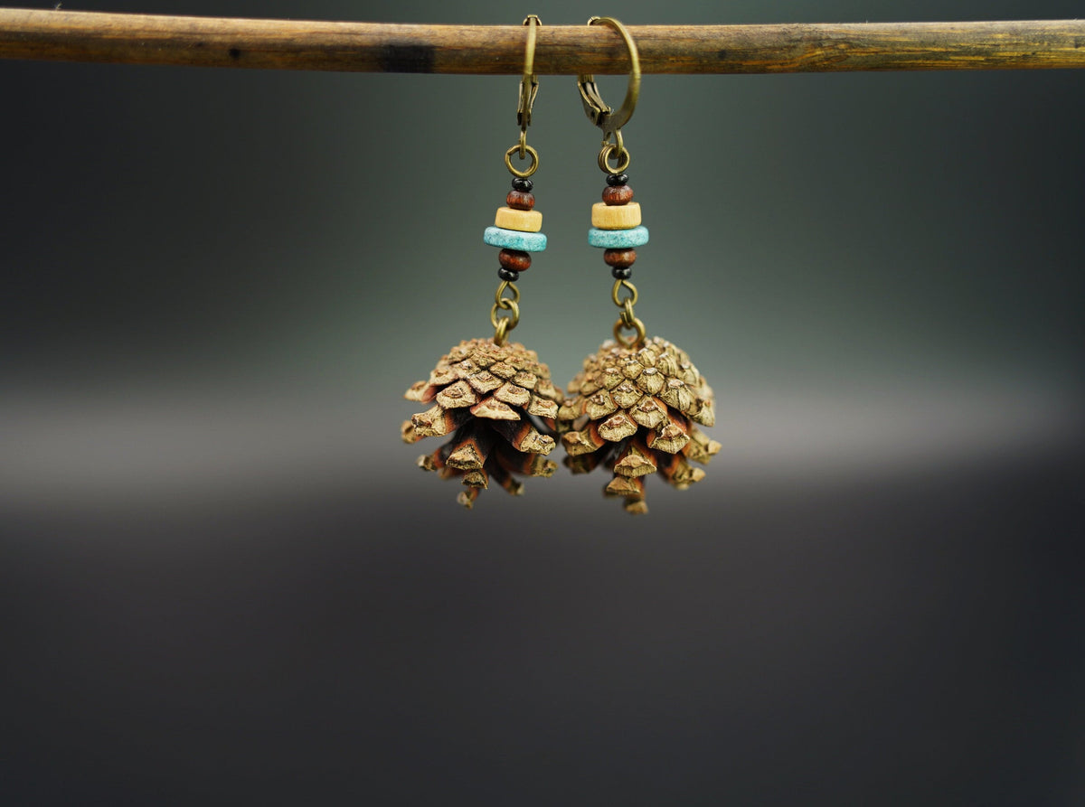 Mini Pine Cone Earrings with White Wooden Bead & Ceramic Discs