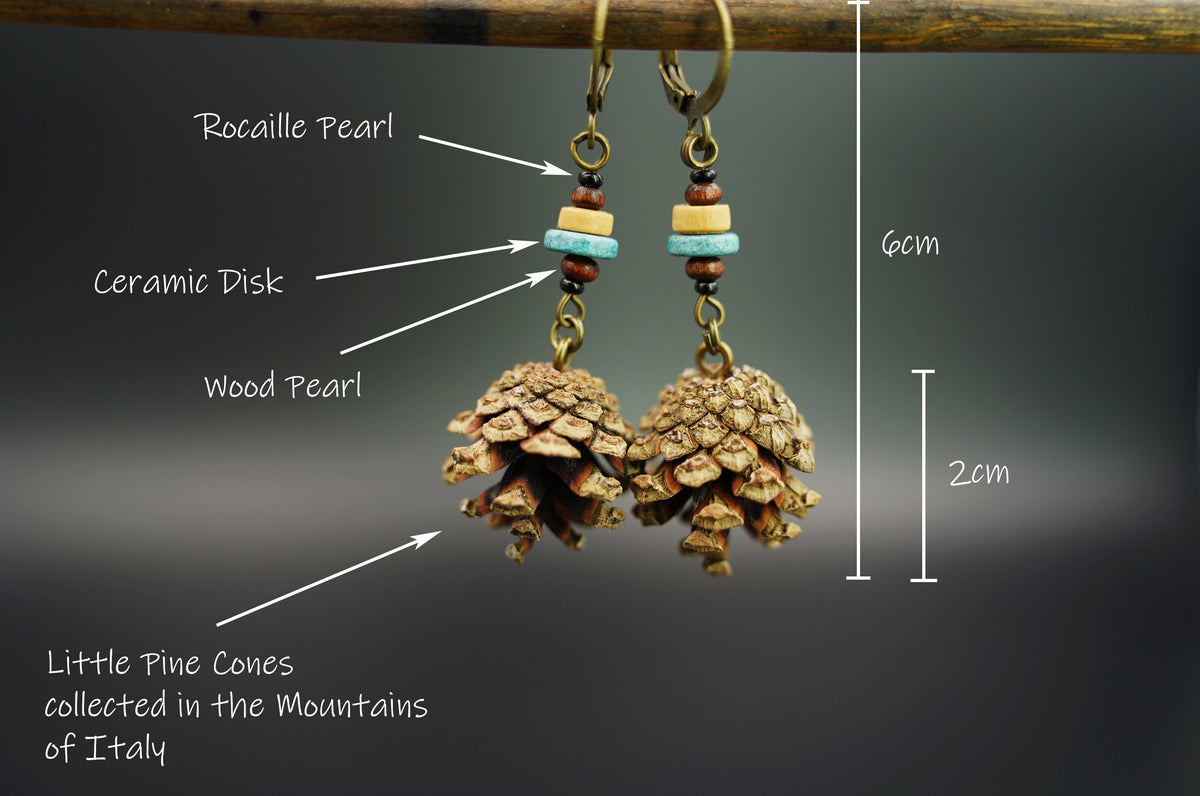 Mini Pine Cone Earrings with White Wooden Bead & Ceramic Discs – view 3