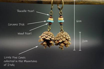 Mini Pine Cone Earrings with White Wooden Bead & Ceramic Discs – view 3