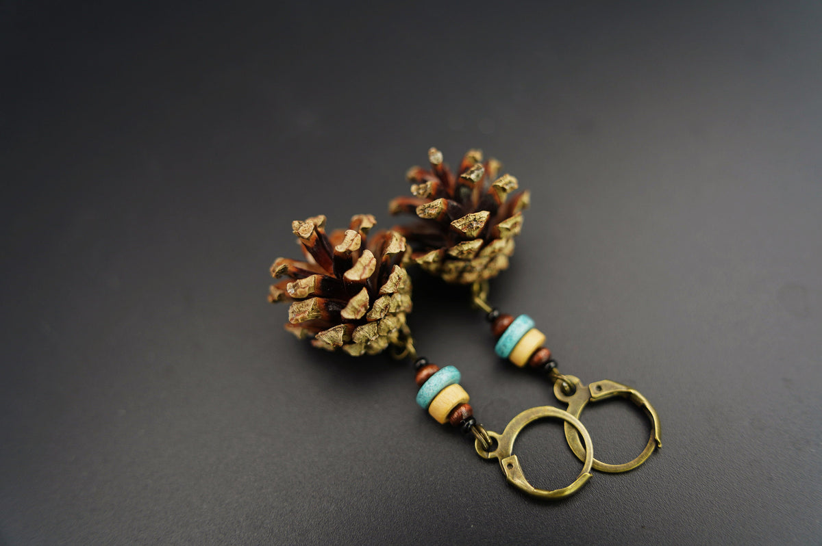 Mini Pine Cone Earrings with White Wooden Bead & Ceramic Discs – view 4