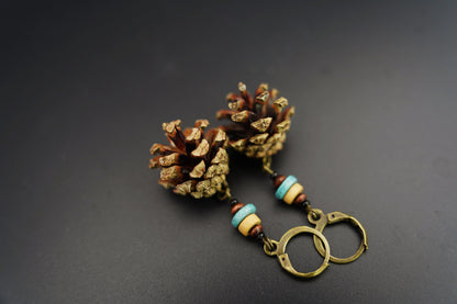 Mini Pine Cone Earrings with White Wooden Bead & Ceramic Discs – view 4