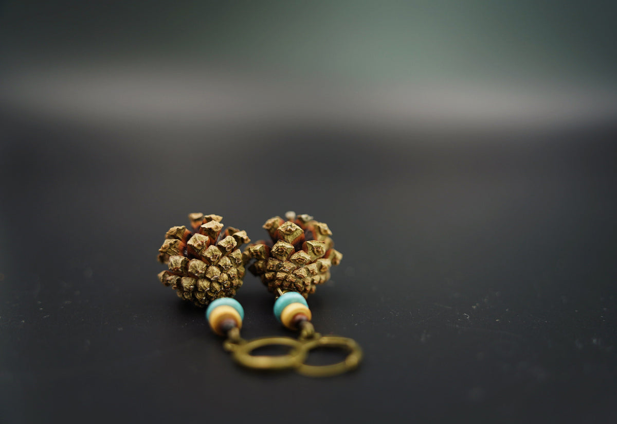 Mini Pine Cone Earrings with White Wooden Bead & Ceramic Discs – view 5