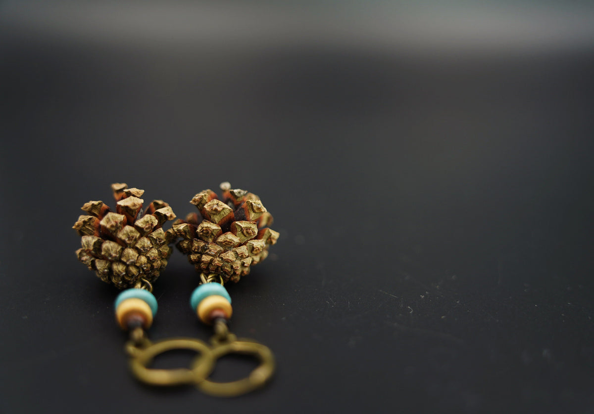 Mini Pine Cone Earrings with White Wooden Bead & Ceramic Discs – view 6