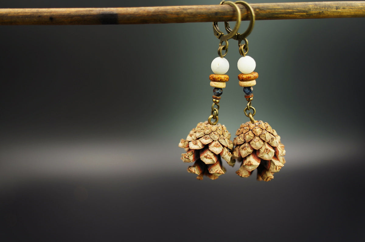 Mini Pine Cone Earrings with White Jade & Pietersite