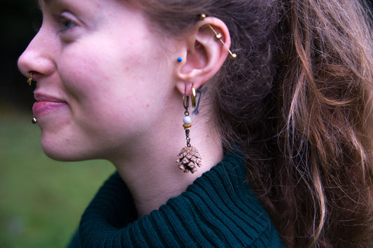 Mini Pine Cone Earrings with White Jade & Pietersite – view 2