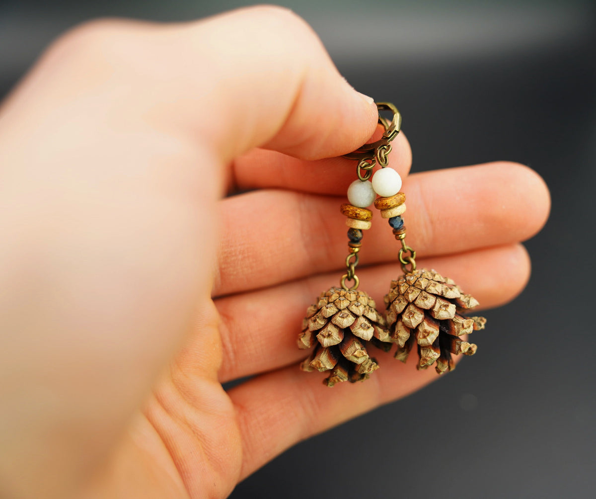 Mini Pine Cone Earrings with White Jade & Pietersite – view 3