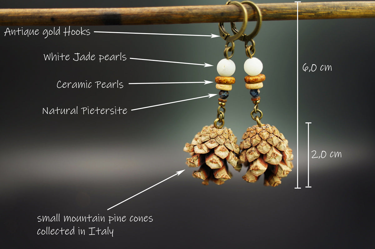 Mini Pine Cone Earrings with White Jade & Pietersite – view 4
