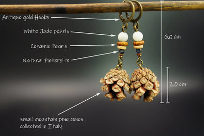 Mini Pine Cone Earrings with White Jade & Pietersite – view 4