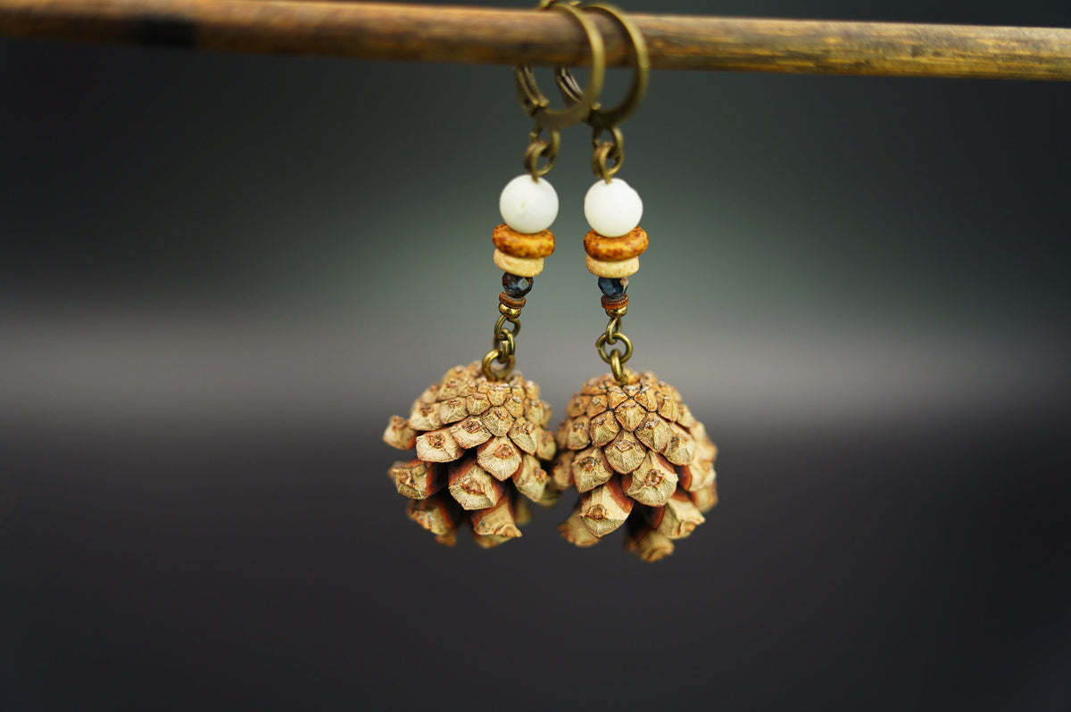Mini Pine Cone Earrings with White Jade & Pietersite – view 5