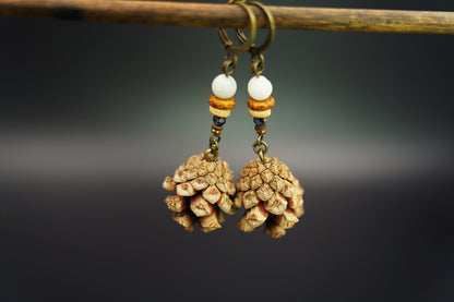 Mini Pine Cone Earrings with White Jade & Pietersite – view 5