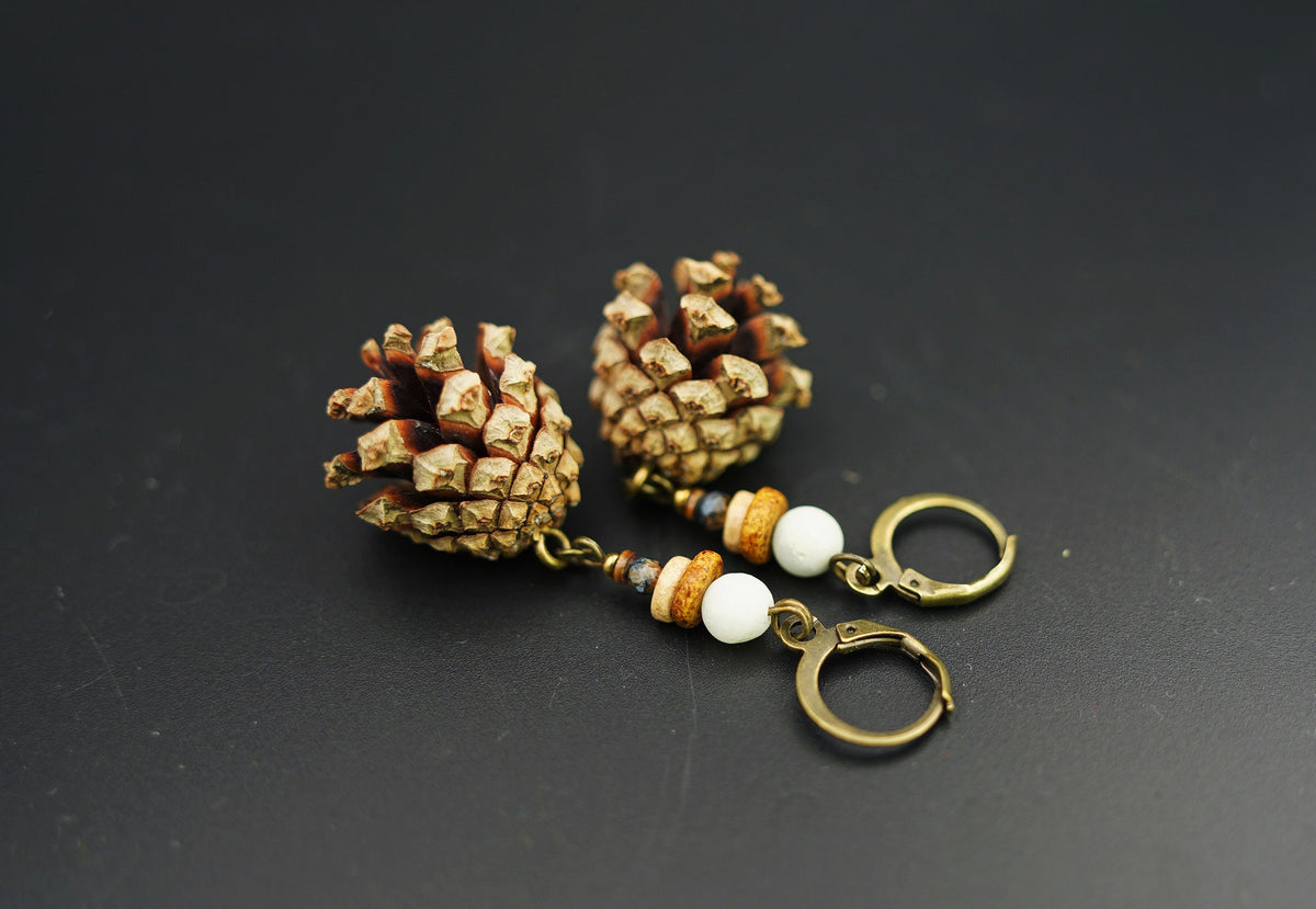 Mini Pine Cone Earrings with White Jade & Pietersite – view 6