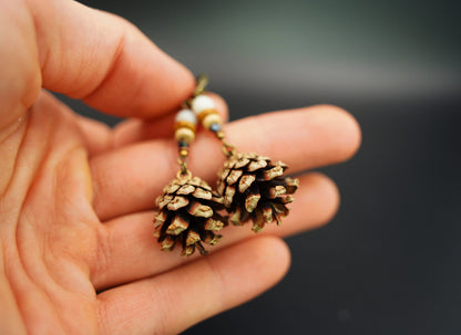 Mini Pine Cone Earrings with White Jade & Pietersite – view 7