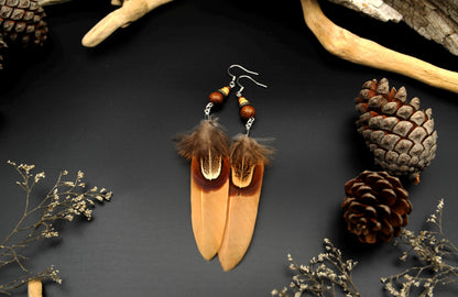 Orange-Beige Feather Earrings with Wooden & Ceramic Beads – Long Boho Earrings