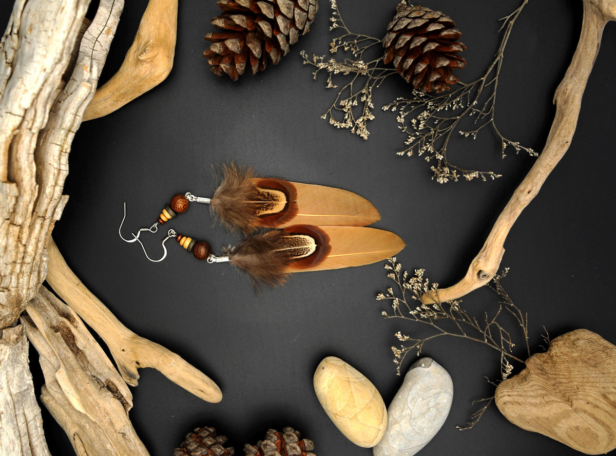 Orange-Beige Feather Earrings with Wooden & Ceramic Beads – Long Boho Earrings – view 10