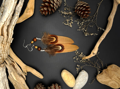 Orange-Beige Feather Earrings with Wooden & Ceramic Beads – Long Boho Earrings – view 10