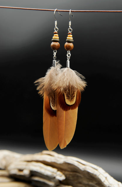 Orange-Beige Feather Earrings with Wooden & Ceramic Beads – Long Boho Earrings – view 2