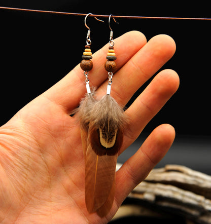 Orange-Beige Feather Earrings with Wooden & Ceramic Beads – Long Boho Earrings – view 3