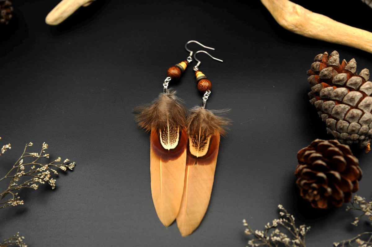 Orange-Beige Feather Earrings with Wooden & Ceramic Beads – Long Boho Earrings – view 4