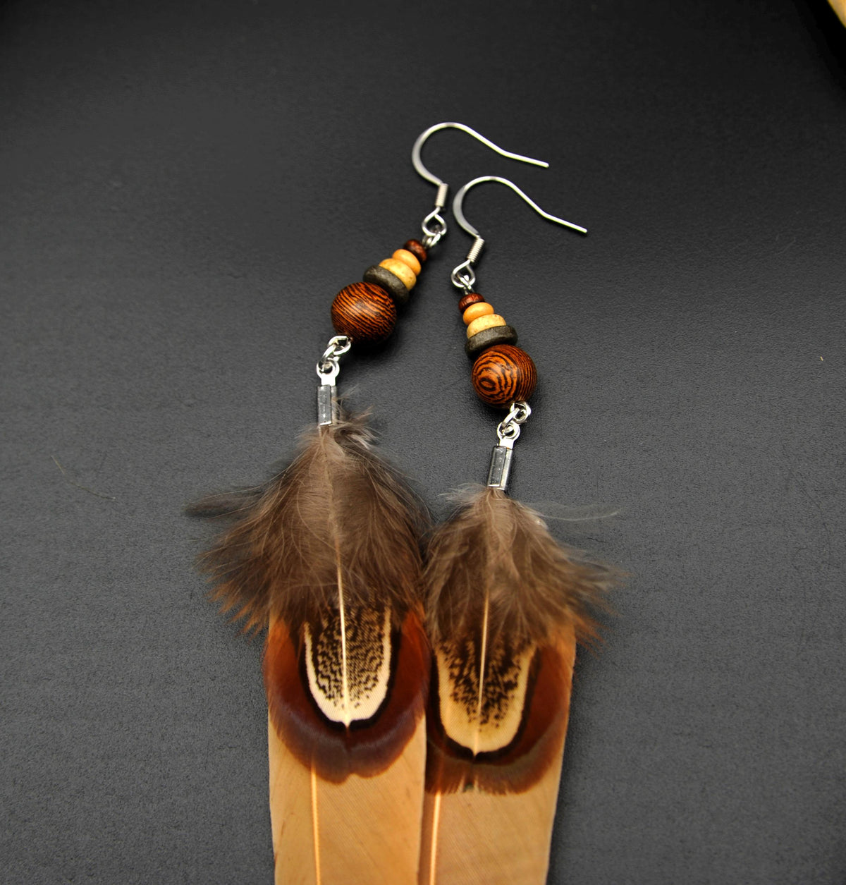 Orange-Beige Feather Earrings with Wooden & Ceramic Beads – Long Boho Earrings – view 5