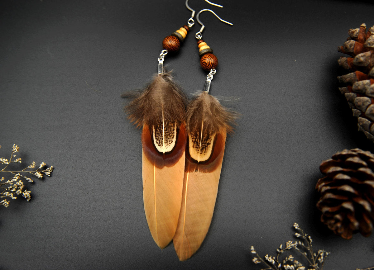 Orange-Beige Feather Earrings with Wooden & Ceramic Beads – Long Boho Earrings – view 6
