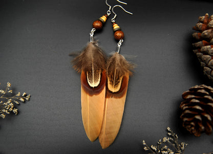Orange-Beige Feather Earrings with Wooden & Ceramic Beads – Long Boho Earrings – view 6