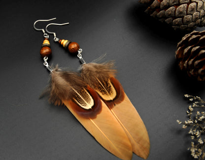 Orange-Beige Feather Earrings with Wooden & Ceramic Beads – Long Boho Earrings – view 7
