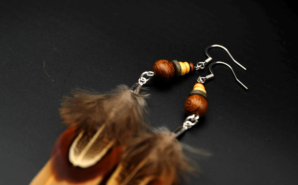 Orange-Beige Feather Earrings with Wooden & Ceramic Beads – Long Boho Earrings – view 8