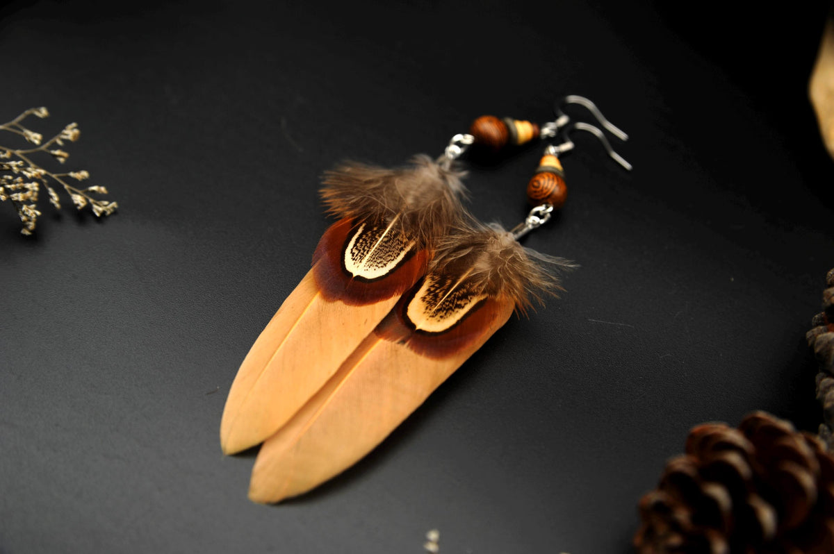 Orange-Beige Feather Earrings with Wooden & Ceramic Beads – Long Boho Earrings – view 9