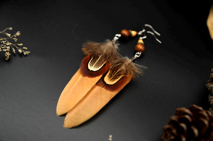 Orange-Beige Feather Earrings with Wooden & Ceramic Beads – Long Boho Earrings – view 9