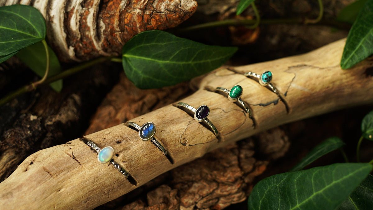Minimalist 925 Silver Ring with Gemstone – Amethyst, Turquoise, Malachite, Labradorite or Opal